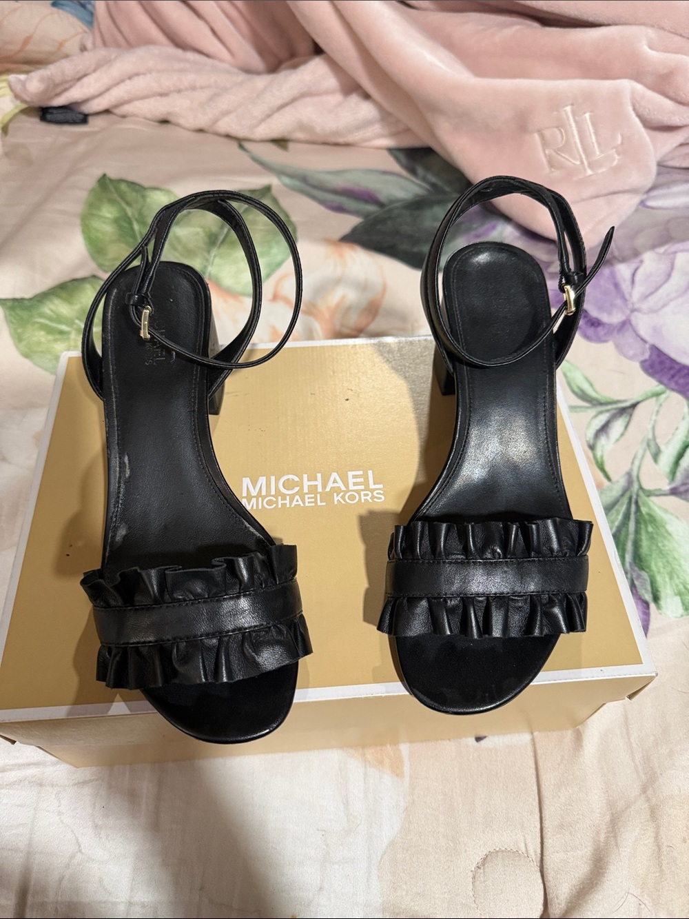 Michael Kors Black Ruffle Ankle-Strap Heels